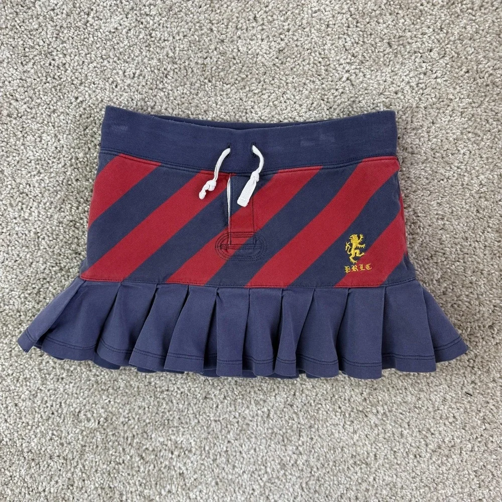 Vintage Ralph Lauren Skirt Girls 7 Blue Striped Pleated Drawstring Knit Casual